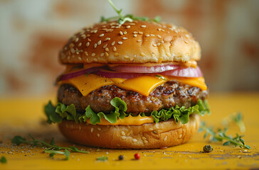Cheeseburger isolated on yellow background portrait photography
