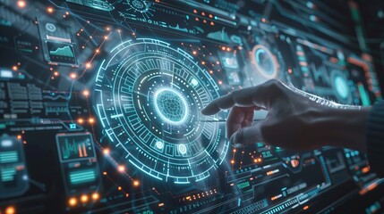 Scientist works with a futuristic holographic HUD interface, controlling abstract tech elements on a virtual digital dashboard. Science infographic and data are displayed on the Tach Panel.