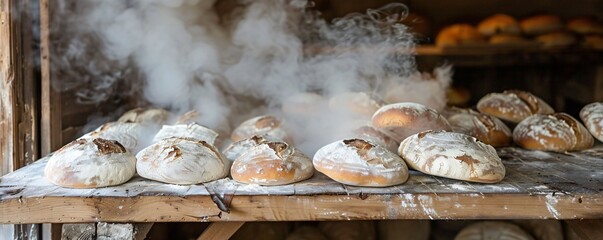 Close up of freshly baked bread loaves in a quaint village bakery steam rising