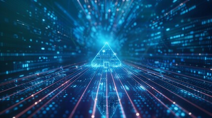 Naklejka premium An abstract signal connection to the world is depicted within a digit matrix as a 5G sign arrow. It represents global internet via wireless networks.