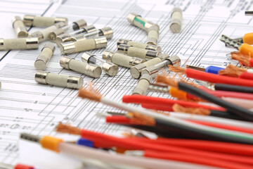 Fuses for protection of electrical loads on an electronic diagram. Close-up.
