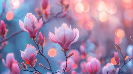 Close up of vibrant magnolia blooms a magical hue shift enhancing their natural splendor