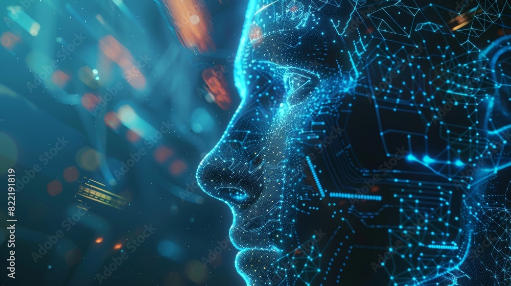 Poster a cyberpunk head with a cybernetic digital brain, connected to a virtual interface by neural network