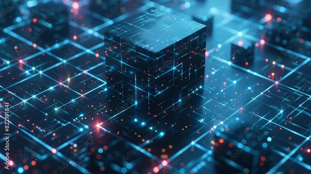 Poster This is a digital background. It consists of a cube containing a matrix of digits. This is an abstract finance banner consisting of blocks. This is a blockchain fintech technology and mining