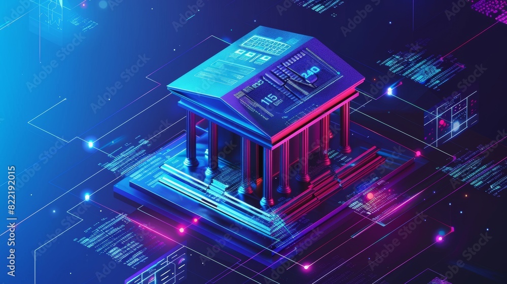 Poster internet banking 3d isometric banner. a bank building is shown on a laptop screen with columns displ