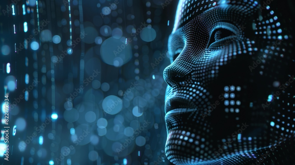 Poster an ai head with neural network brain hanging over a virtual digital podium. a cyborg or robot's mind