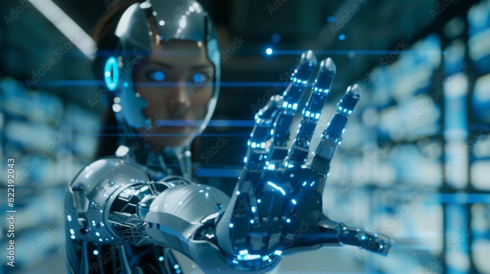 Poster a young cybernetic girl clutches an alpha channeled robot or cyborg's hand. machine with artificial 