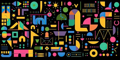 Abstract flat vector shapes and symbols, bold color palette of yellow, green, blue, pink, purple, and orange on a black background