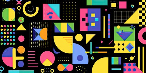 Abstract flat vector shapes and symbols, bold color palette of yellow, green, blue, pink, purple, and orange on a black background