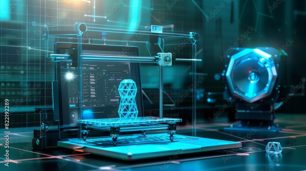 Poster 3d printer for stereolithographic printing on a desktop. laptop with interface to cad system and 3d 