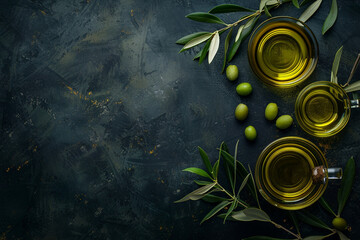 Olive Oil, Olive Leaves with Oil Extract on Dark Background