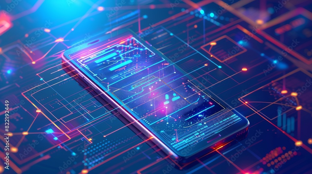 Poster technology concept of mobile application development. development of mobile apps for smartphones and