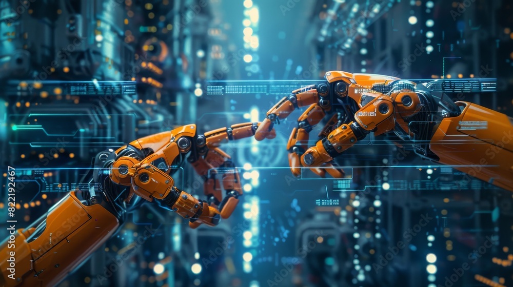 Poster the orange robotic mechanical hands are controlled by a robot or cyborg with artificial intelligence