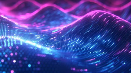 Waves of waves of sounds vibrating at the speed of light formed by light dots. Neon music tech background in nightclub. Equalizer visualizes music waves in a technological cyber style.