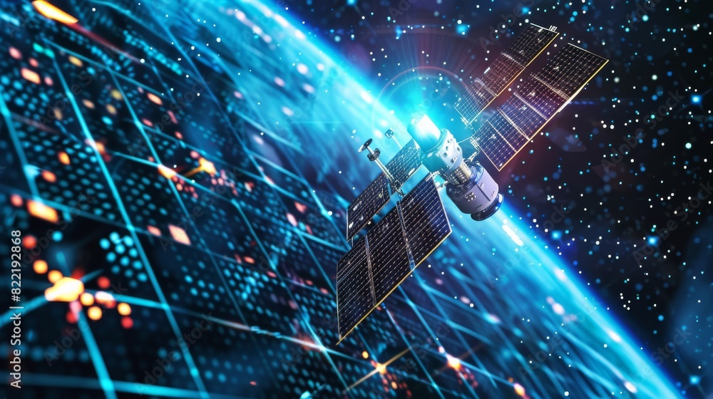 Poster wireless satellite communications transmitting signals for global satellite internet. computer conne