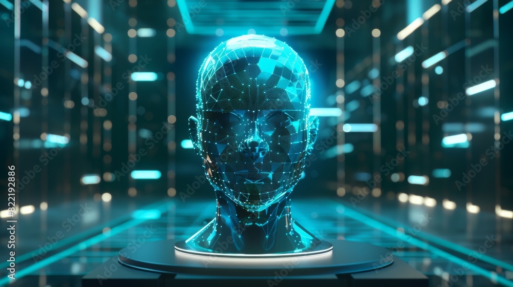 Poster the image of artificial intelligence in a robot head hovering over a podium in virtual cyberspace. a