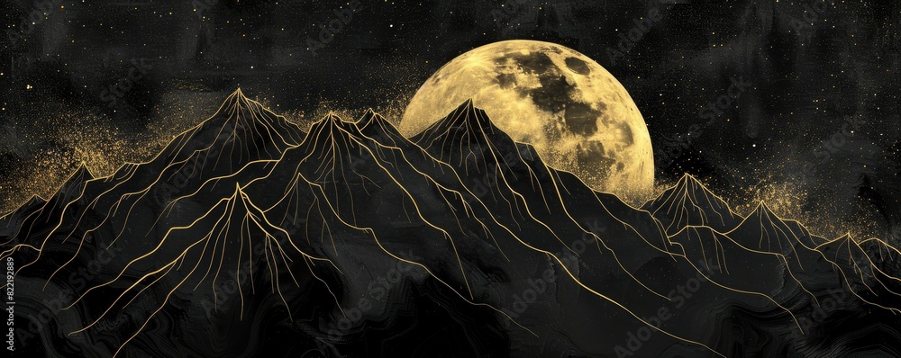 Poster gold lines outline a mountain range with the moon in the background, using a black and gold color sc