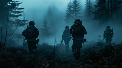 Three soldiers are walking through a forest, with one of them carrying a backpack. Scene is tense and serious, as the soldiers are in a potentially dangerous situation