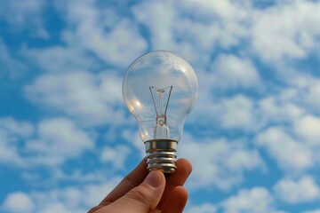 Eco conscious bulb in a hand against a backdrop of blue skies emphasizing clean energy in a digital age
