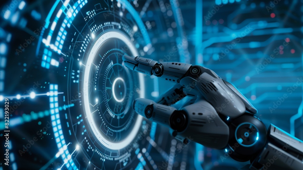 Poster robot mechanical arm presses the index finger on a virtual holographic interface hud on touch screen