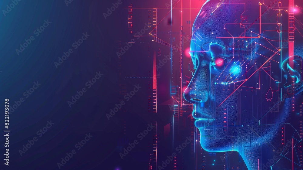 Poster digital brain learning, processing, analyzing information. ai isometric illustration of humanoid hea