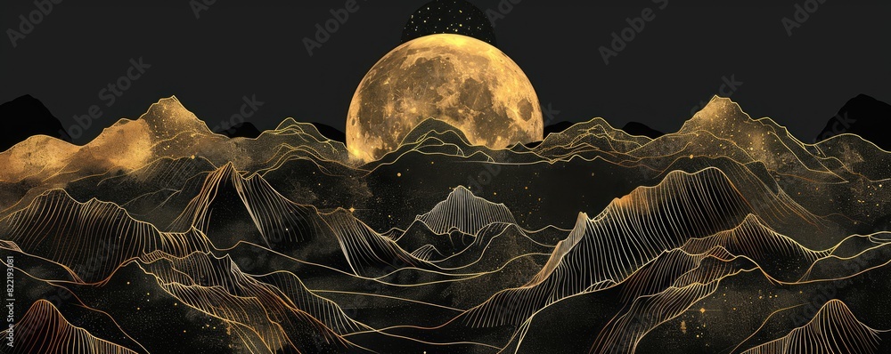 Poster gold lines outline a mountain range with the moon in the background, using a black and gold color sc