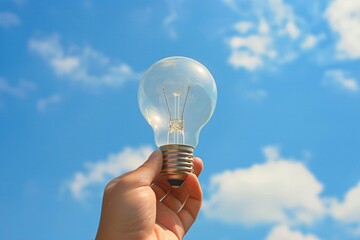 Eco conscious bulb in a hand against a backdrop of blue skies emphasizing clean energy in a digital age