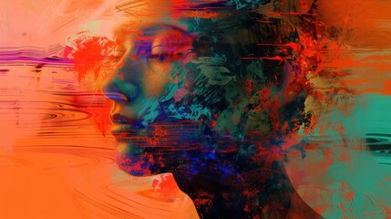 A digital portrait of a woman overlaid with vivid streaks of red and blue, reflecting a modern and expressive artistic style