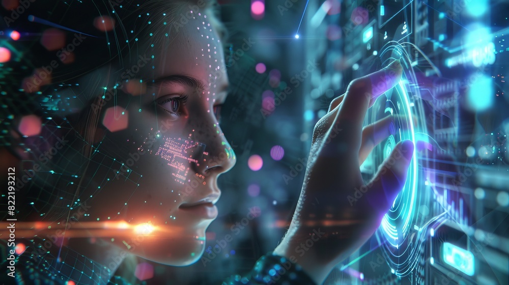 Poster a humanoid female robot worker or robotic cyborg works on a holographic interface using an artificia