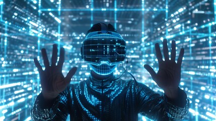 Metaverse technology. User wearing three-dimensional VR headset for playing VR games and online entertainment. A word hangs over his palms in the virtual world simulation.