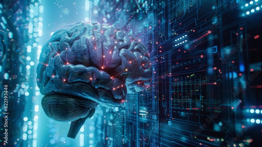 Poster an illustration of a human brain connected to a big artificial brain through wires. deep learning ne