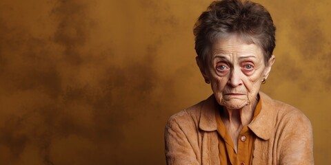 Brown background sad European white Woman grandmother realistic person portrait of young beautiful bad mood expression Woman Isolated Background 