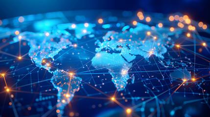 Global communication networks, connecting lines spreading across a world map, showcasing international network connections