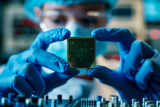 Man in blue gloves holding microchip in front of circuit board