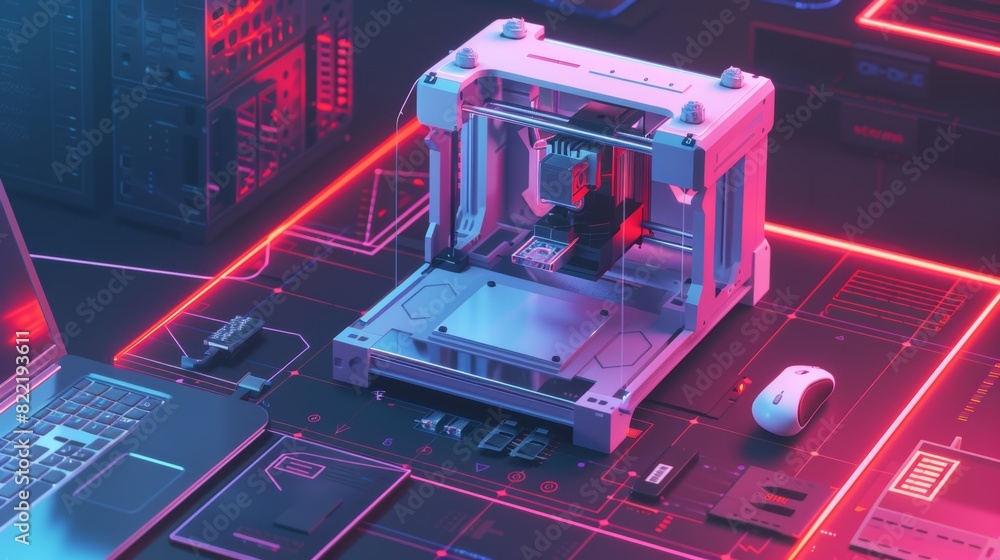 Poster sla 3d printer, laptop on table at additive 3d maker's workshop. isometric design concept in enginee
