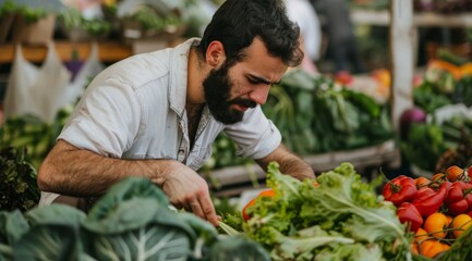 Man Selecting Fresh Vegetables at Local Farmers Market in Outdoor Setting