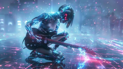 Rock musician robotics performing rock music kneeling on stage, knocking out sparks with the electric guitar. Cyborg rocker. Beautiful robot girl with AI performs rock music.