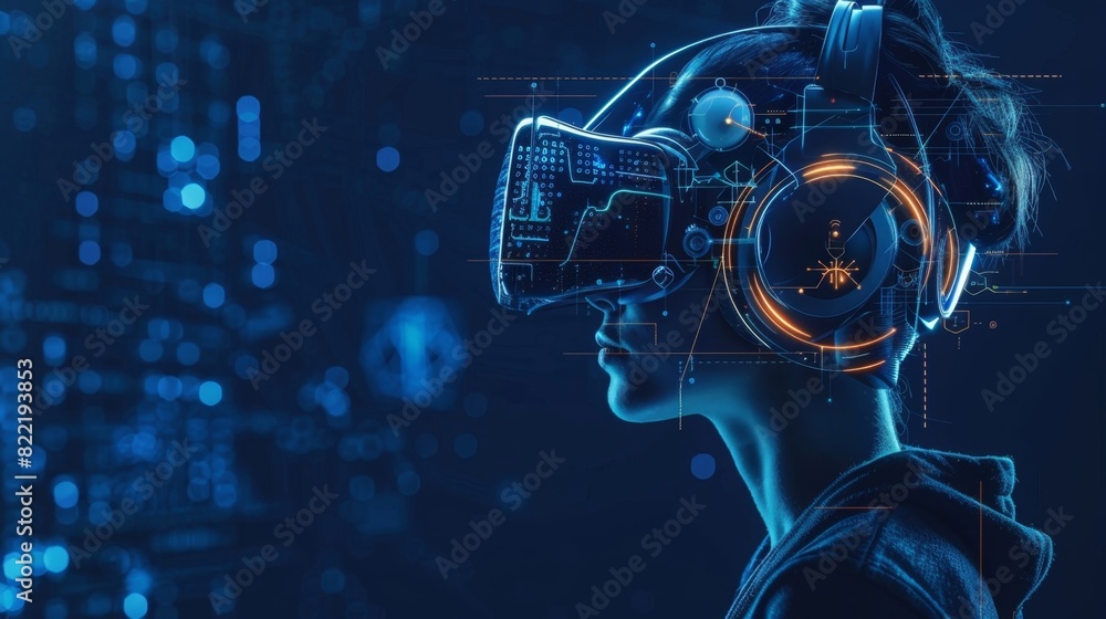 Poster a portrait of a person wearing a headset with ai and blockchain logos highlighting the integration o