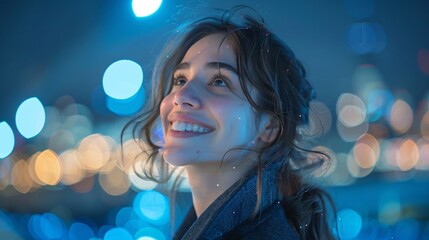 Enthusiastic young woman in a tech enabled environment her smile enhanced by ambient blue lighting