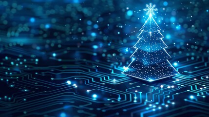 A template for New Year and Merry Christmas cards in the style of new technology. A Christmas tree on a printed circuit board. Snow falling from the electronic pulses and signals. Tech 2023.