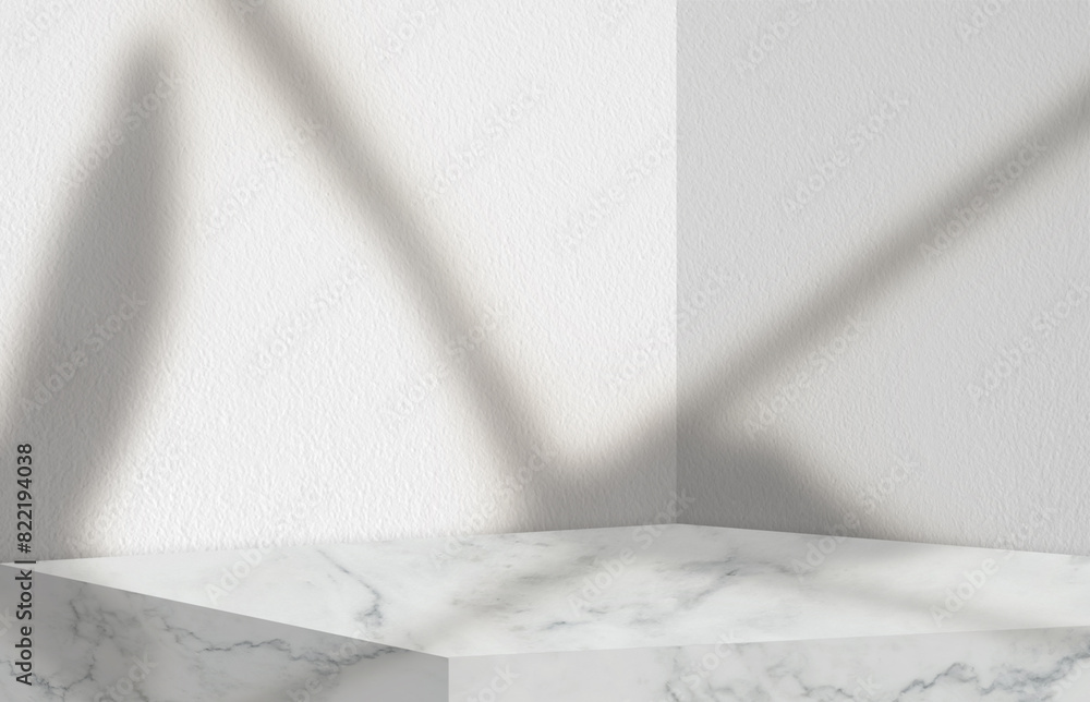Poster studio background,white concrete wall texture with marble table top with light beam and shadow leave