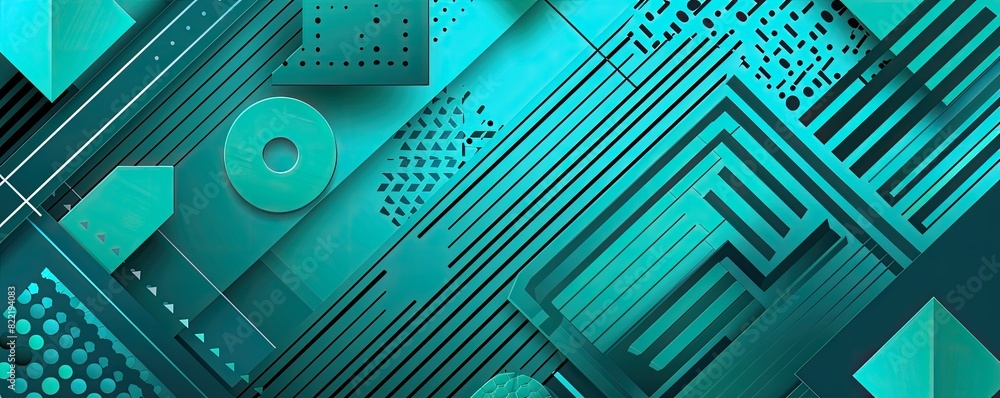 Poster teal color background with colorful geometric shapes and patterns, in the style of vector illustrati