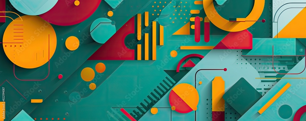 Poster teal color background with colorful geometric shapes and patterns, in the style of vector illustrati