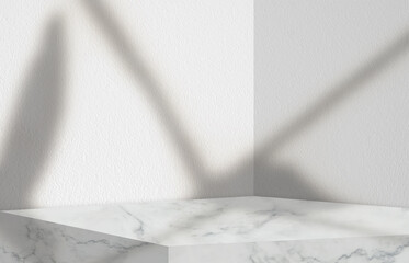 Studio Background,White Concrete Wall Texture with Marble Table Top with Light Beam and Shadow...
