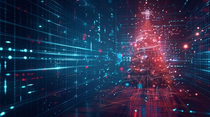 Obraz premium Digital technology Christmas tree. Computer cyberpunk celebration banner. Holiday party event poster in technology cyber decoration. Business greeting card template.