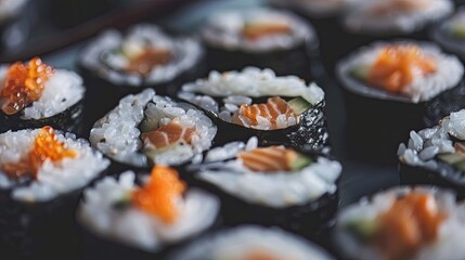 close up of sushi and rolls. Selective focus
