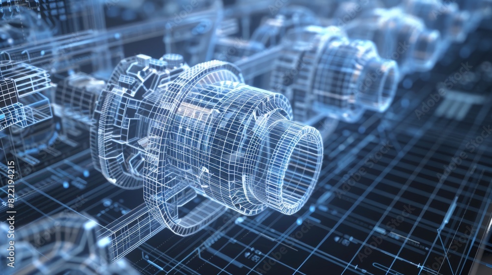 Poster a 3d model of abstract detail in cad system interface. design, engineering of parts. abstraction ind