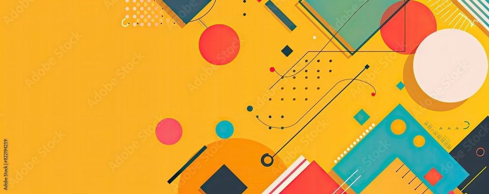 Poster yellow background with colorful geometric shapes and lines in the style of flat design, with space f