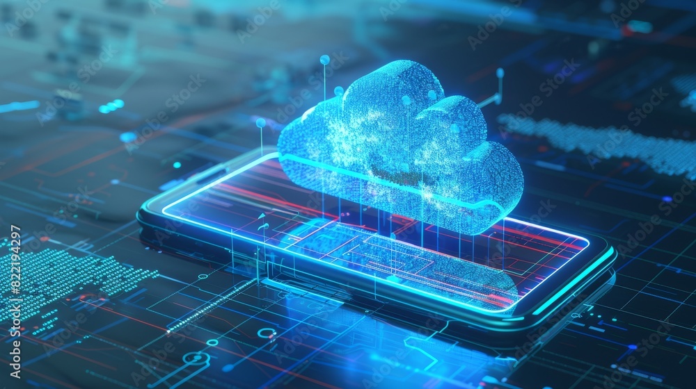 Poster cloud icon over a screen smart phone. cloud computing background concept. mobile phone uploads to on