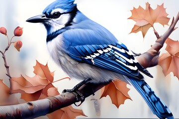 Blue Jay clipart in watercolor, Blue Jay bird isolated against a white backdrop.

